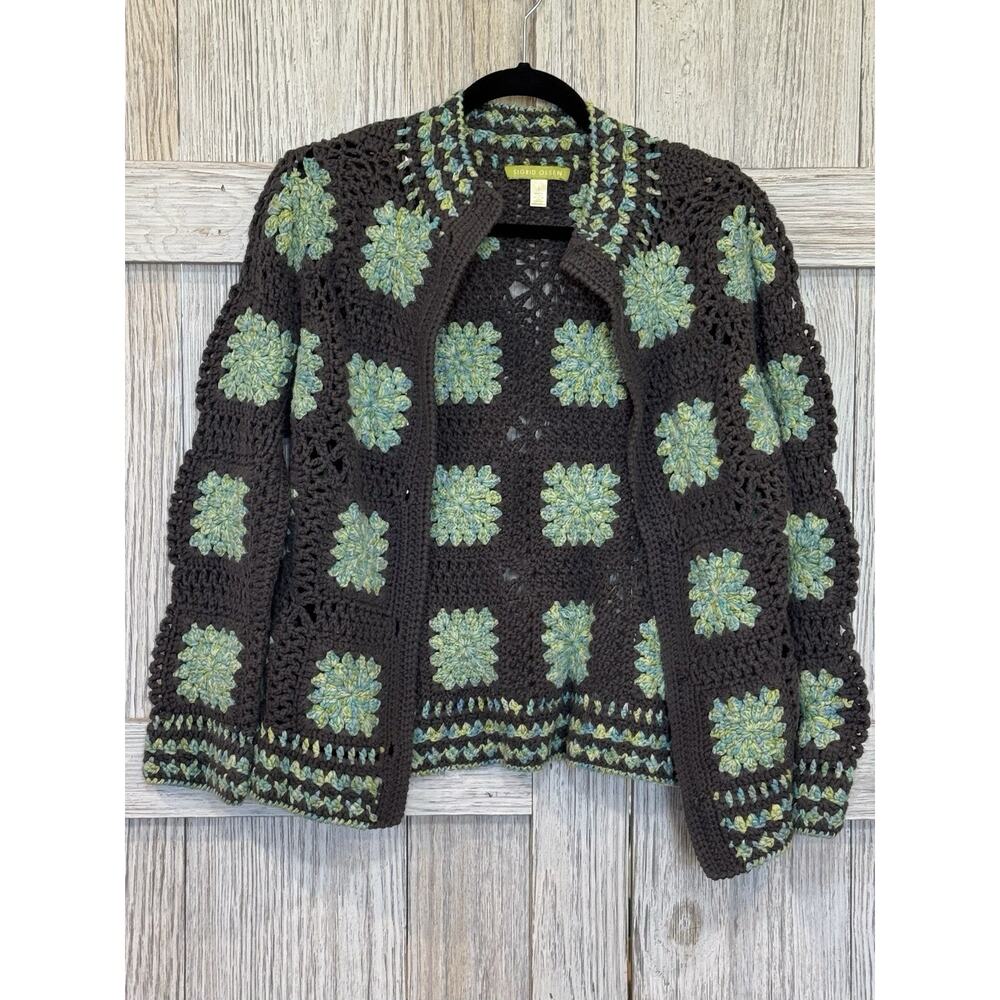 Sigrid Olsen Crochet Open Cardigan in Brown with Mint Green Accents
